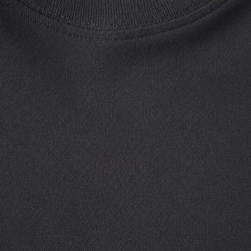 Close-up of a plain black t shirt with a visible brand logo.
